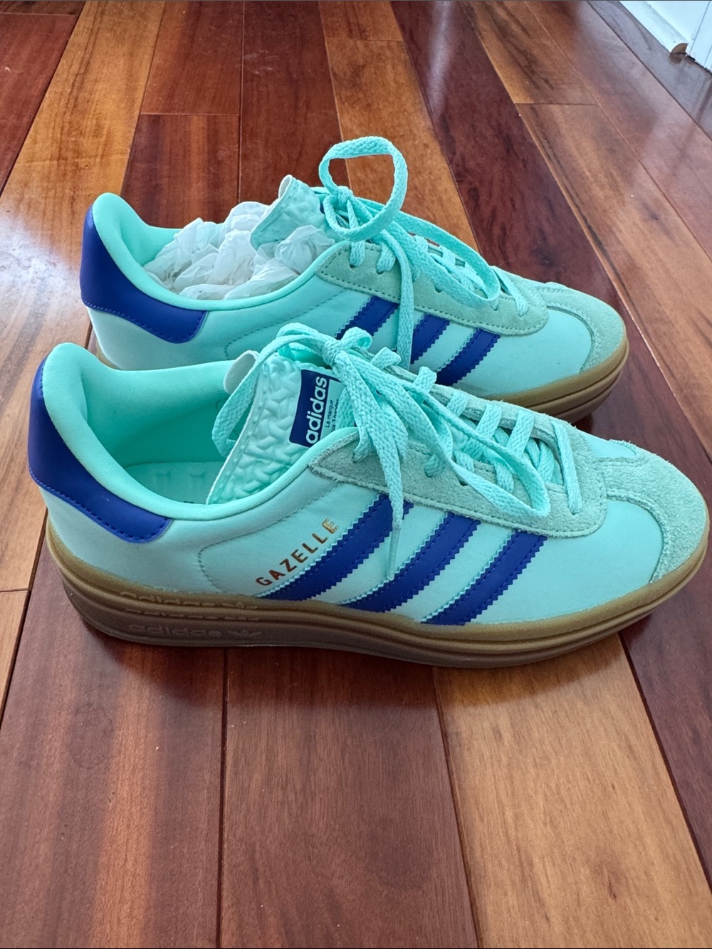 adidas Gazelle Mint Sneakers with Blue Stripes